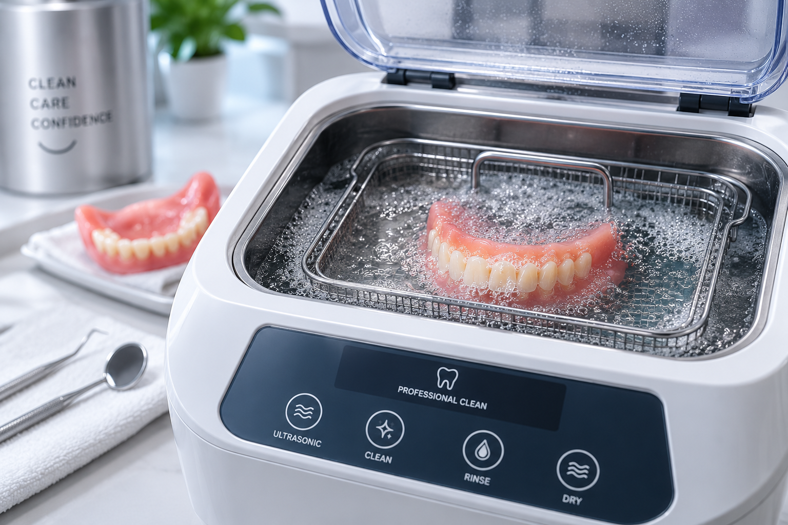 Professional denture cleaning and polishing in a denture lab at Future Smiles